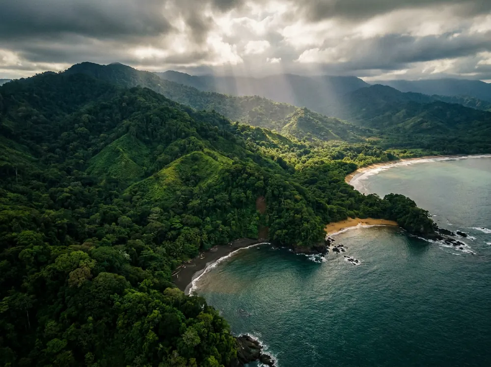 Aerial of the Osa Peninsula rainforest coastline